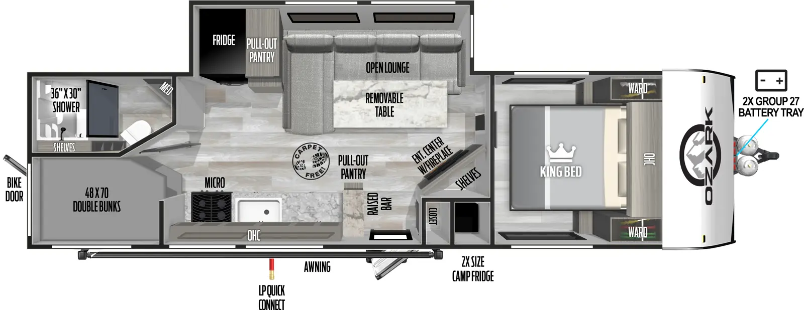 The Ozark 2690BHK floorplan has one entry and one slide out. Exterior features include: fiberglass exterior. Interiors features include: bunk beds and front bedroom.